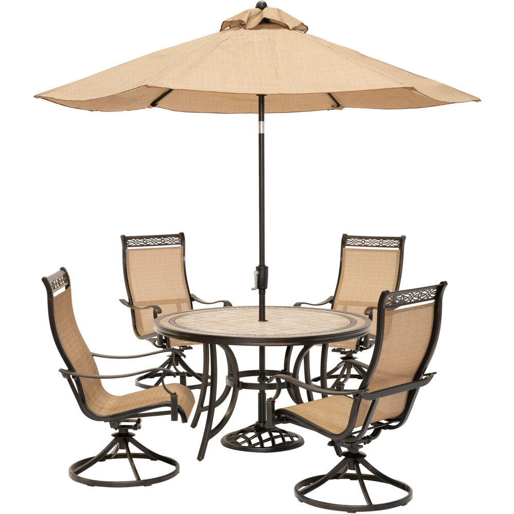 Hanover Monaco5pc: 4 Sling Swivel Rockers, 51" Round Tile Top Table, Umbrella194