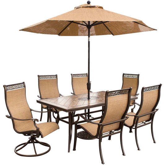 Hanover Monaco7pc: 4 Slng Dining Chrs, 2 Slng Swvl Rckrs,40x68"Tile Tbl,Umb,Base196