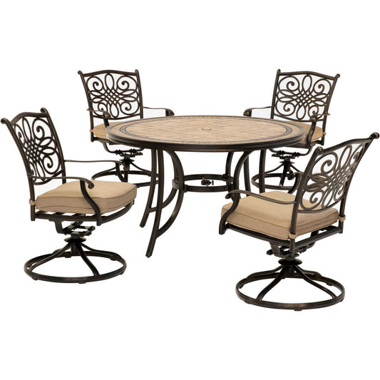 Hanover Monaco5pc: 4 Cush Sling Swivel Rockers, 51" Round Tile Top Table204