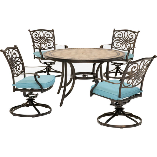 Hanover Monaco5pc: 4 Cush Sling Swivel Rockers, 51" Round Tile Top Table205