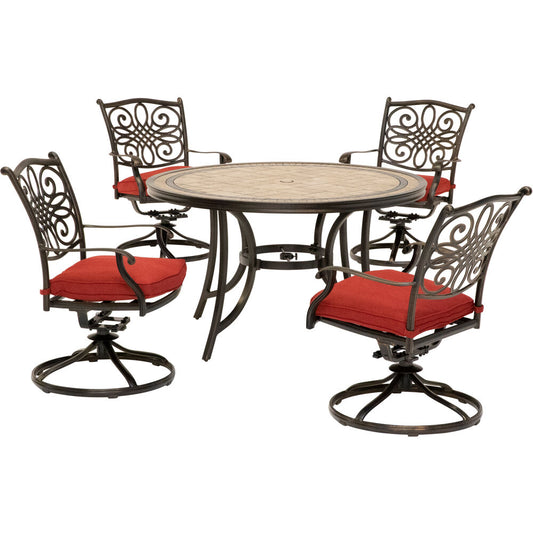 Hanover Monaco5pc: 4 Cush Sling Swivel Rockers, 51" Round Tile Top Table206