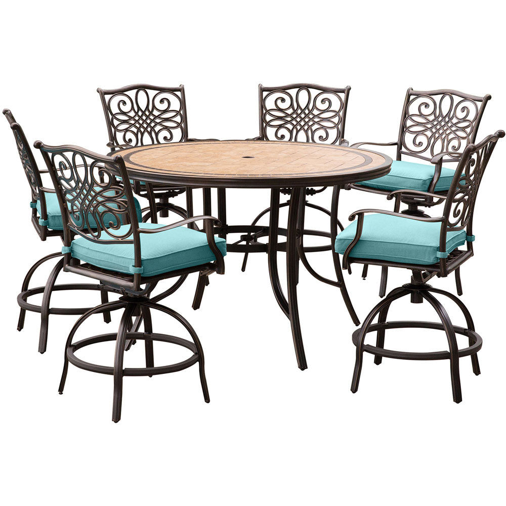 Hanover Monaco7pc: 6 Cush Swivel Counter Height Chairs, 56" Rnd Tile Tbl (36"H)213