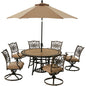 Hanover Monaco7pc: 6 Cush Swivel Rockers, 60" Round Tile Table, Umbrella, Base227