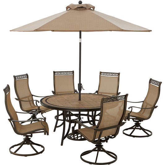 Hanover Monaco7pc: 6 Sling Swivel Rockers, 60" Round Tile Tbl, Umbrella, Base228