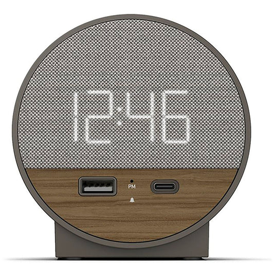 NonStop Station O Small round Alarm clock w/dual USB charge wood/Grey fabric