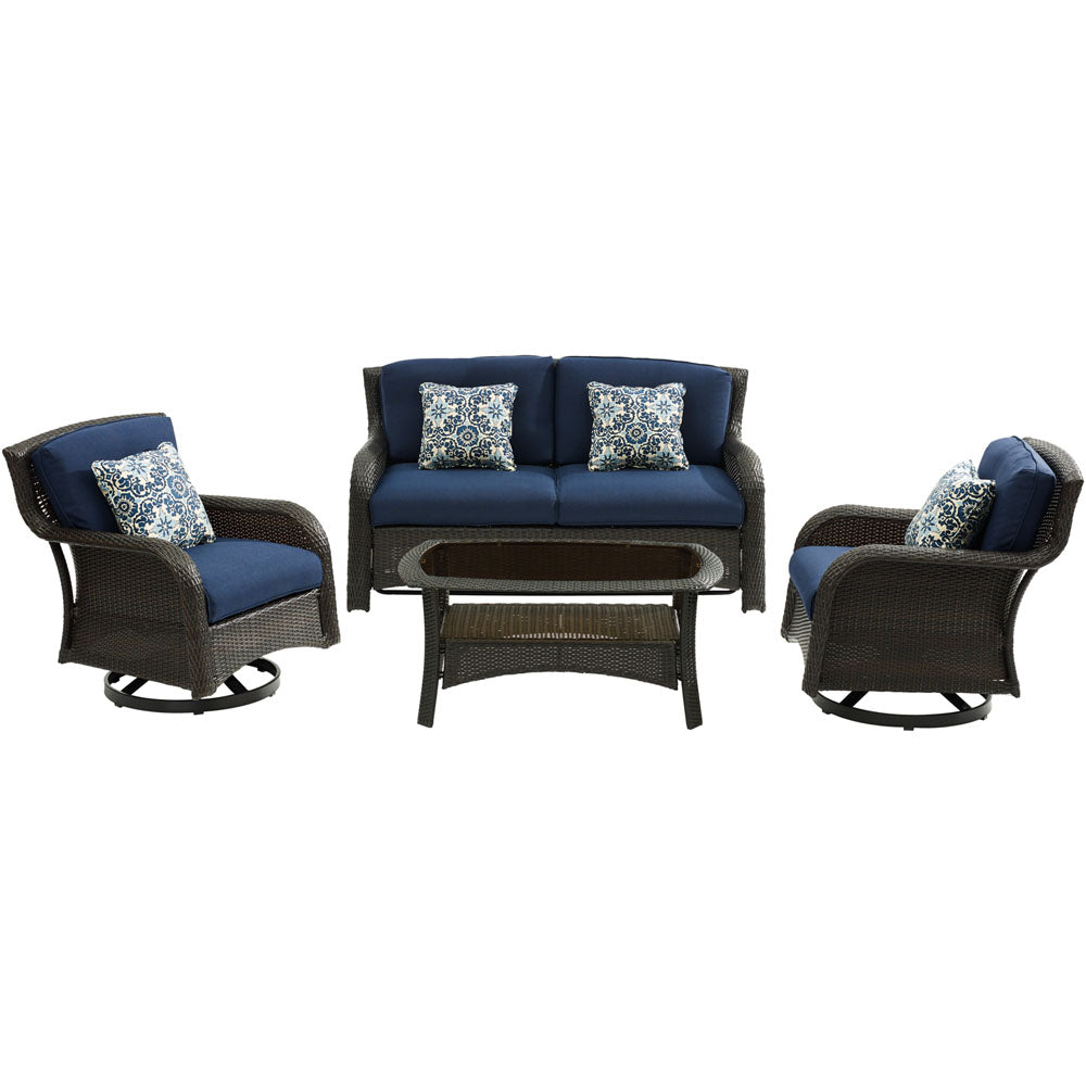 Hanover Strathmere4pc: Loveseat, 2 Swivel Gliders, Woven Coffee Table353