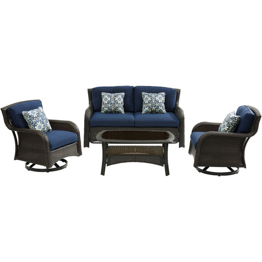 Hanover Strathmere4pc: Loveseat, 2 Swivel Gliders, Woven Coffee Table353