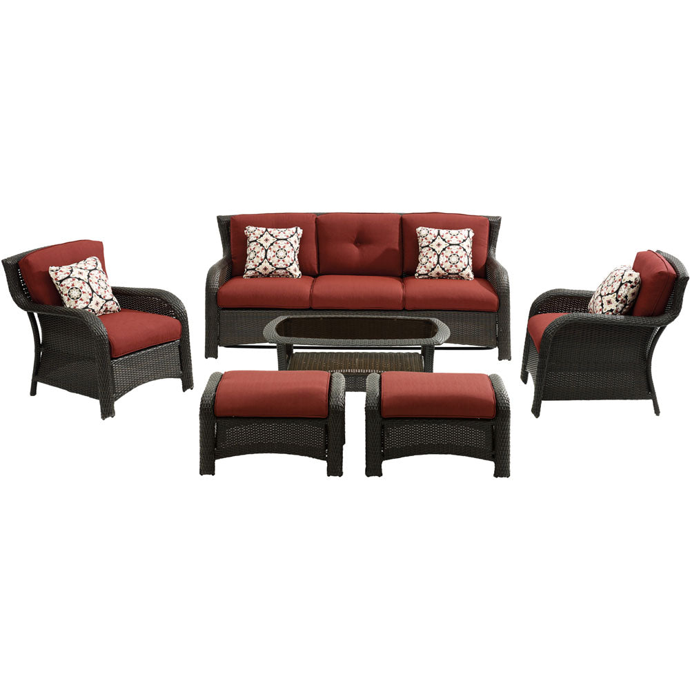 Hanover Strathmere6pc: Sofa, 2 Side Chairs, 2 Ottomans, Woven Coffee Table354