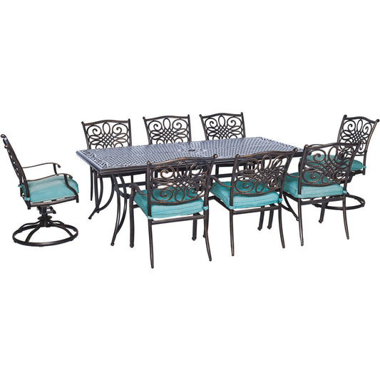 Hanover Traditions9pc: 6 Dining Chairs, 2 Swivel Rockers, 42x84" Cast Table246