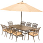 Hanover Traditions9pc: 8 Dining Chairs, 42x84" Cast Table, Umbrella, Base308