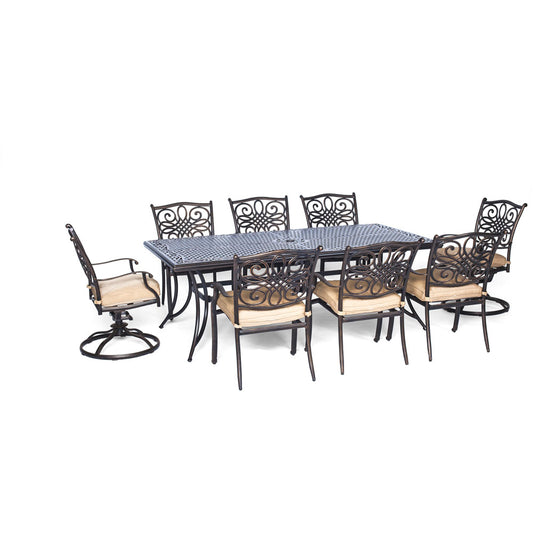 Hanover Traditions9pc: 6 Dining Chairs, 2 Swivel Rockers, 42x84" Cast Table309