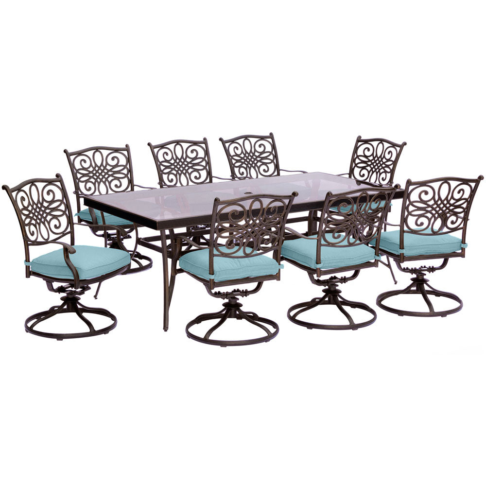 Hanover Traditions9pc: 8 Swivel Rockers, 42x84" Glass Top Table313