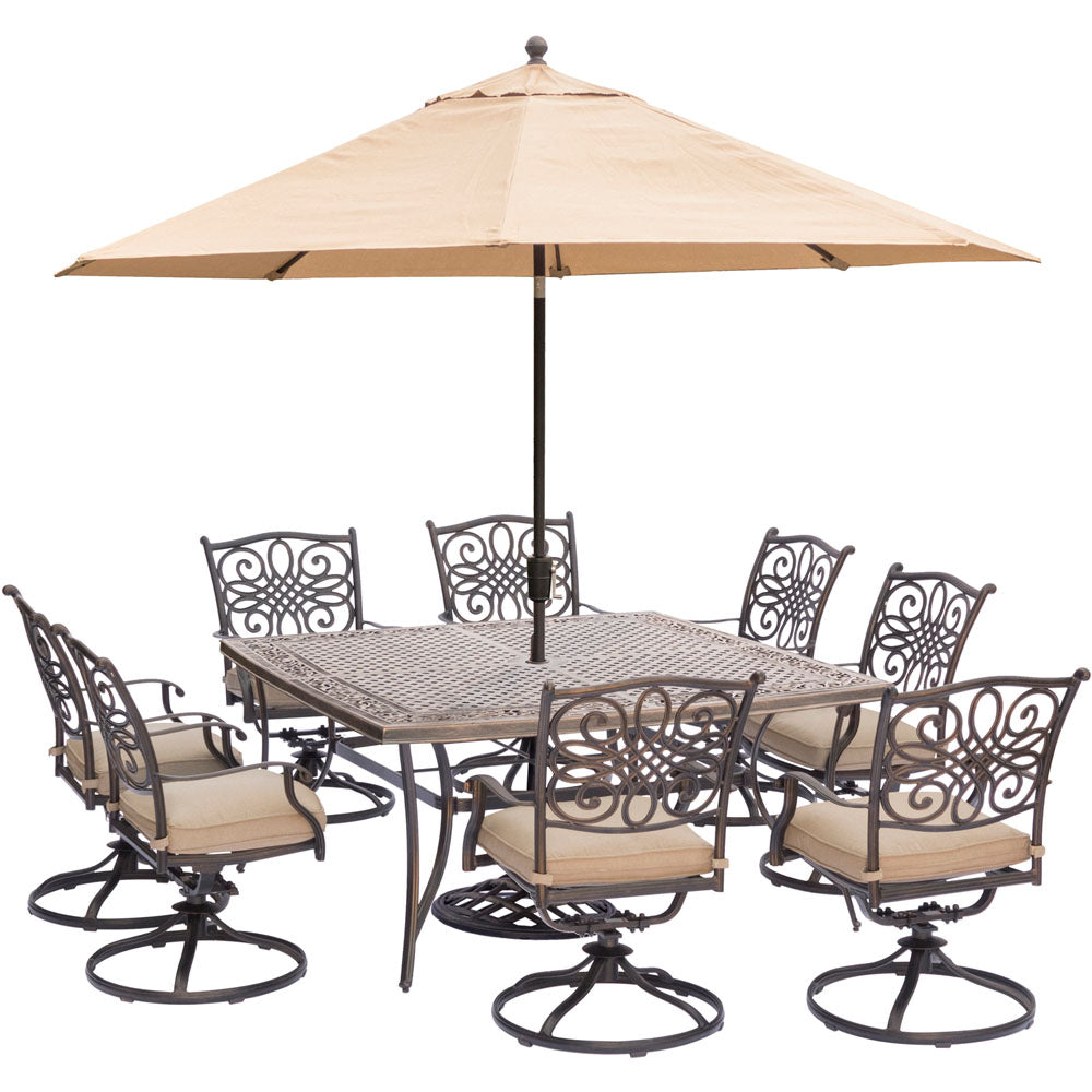 Hanover Traditions9pc: 8 Swivel Rockers, 60" Square Cast Top Table, Umb, Base316