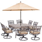 Hanover Traditions9pc: 8 Swivel Rockers, 60" Square Cast Top Table, Umb, Base316