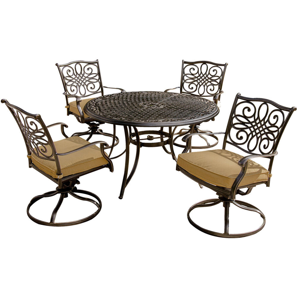 Hanover Traditions5pc: 4 Swivel Rockers, 48" Round Cast Table323