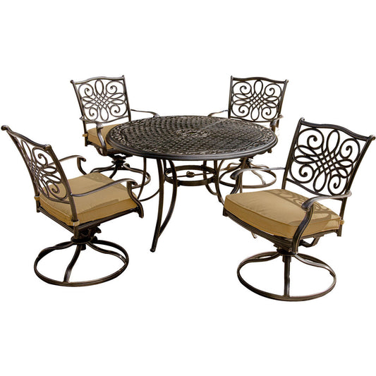 Hanover Traditions5pc: 4 Swivel Rockers, 48" Round Cast Table323