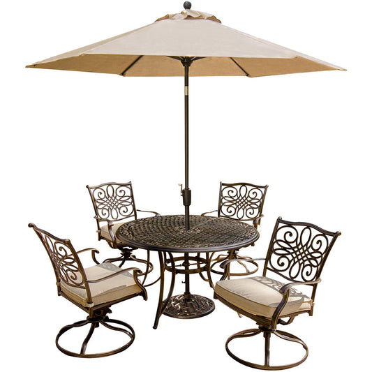 Hanover Traditions5pc: 4 Swivel Rockers, 48" Round Cast Table, Umbrella, Base324