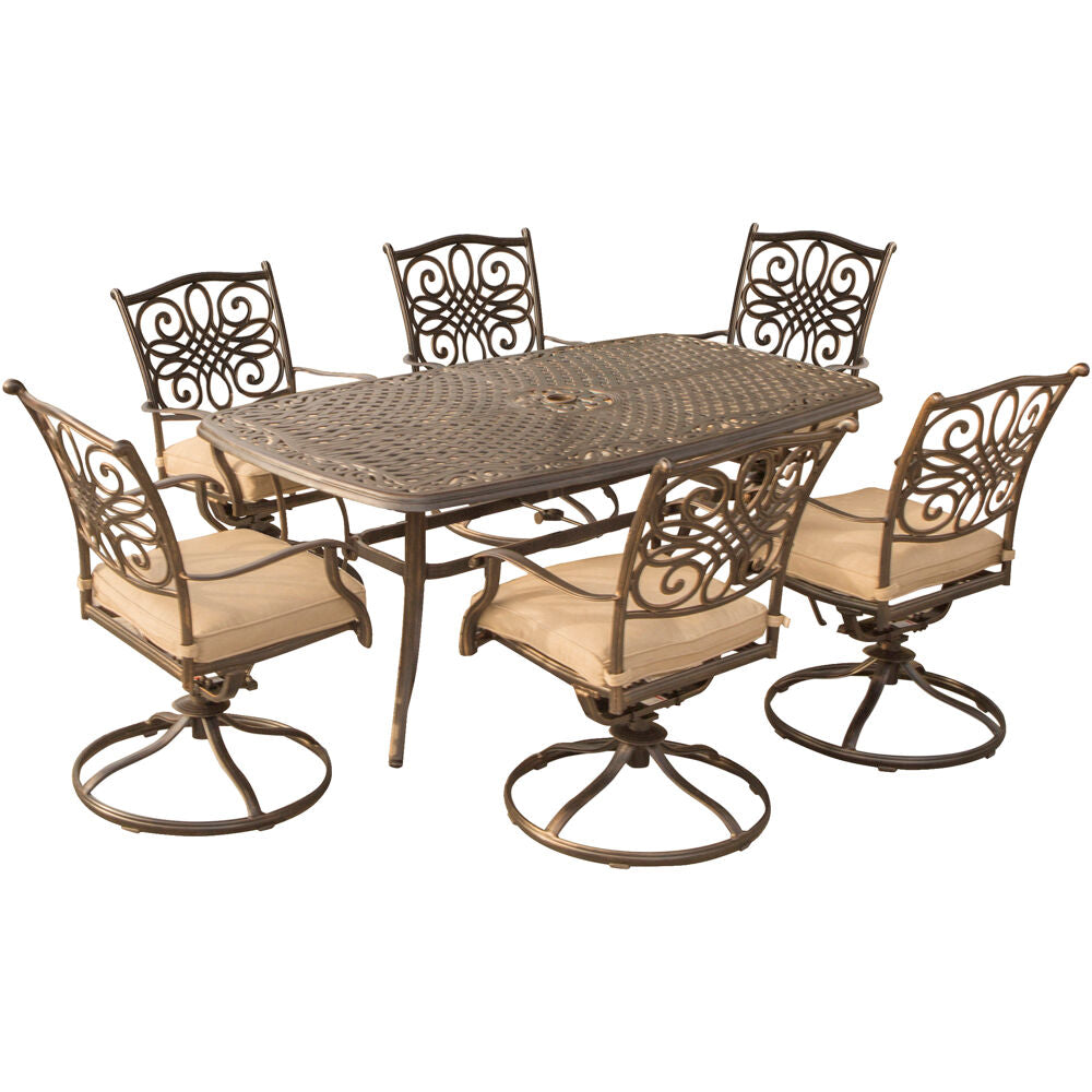 Hanover Traditions7pc: 6 Swivel Rockers, 38x72" Cast Table328