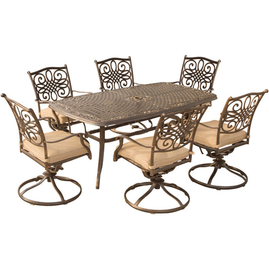 Hanover Traditions7pc: 6 Swivel Rockers, 38x72" Cast Table328
